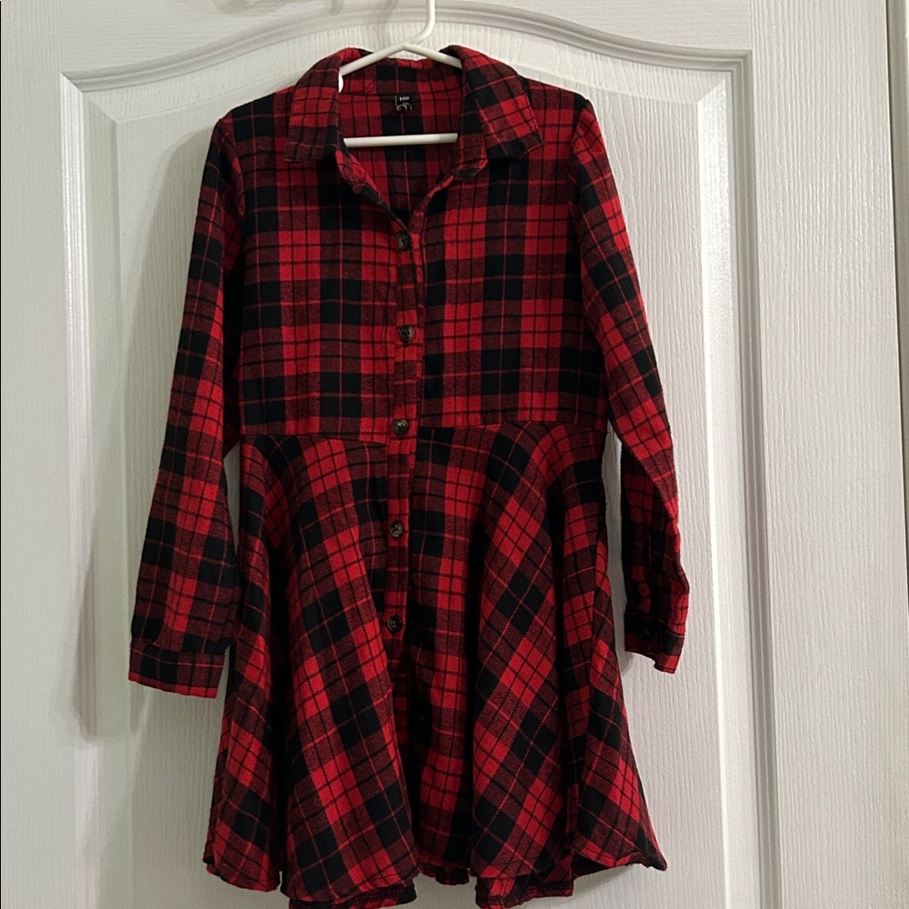 Red and Black Plaid Button-Up Dress